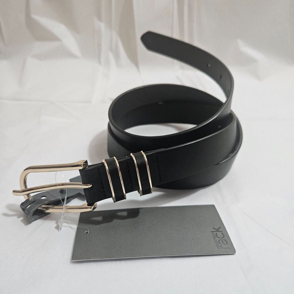 New Nordstrom Leather Face Black Belt Mens Sz M Gold Tone Hardware double keeper